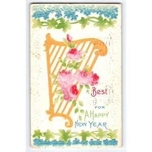 Vintage Embossed New Year Postcard with Harp & Roses 1911